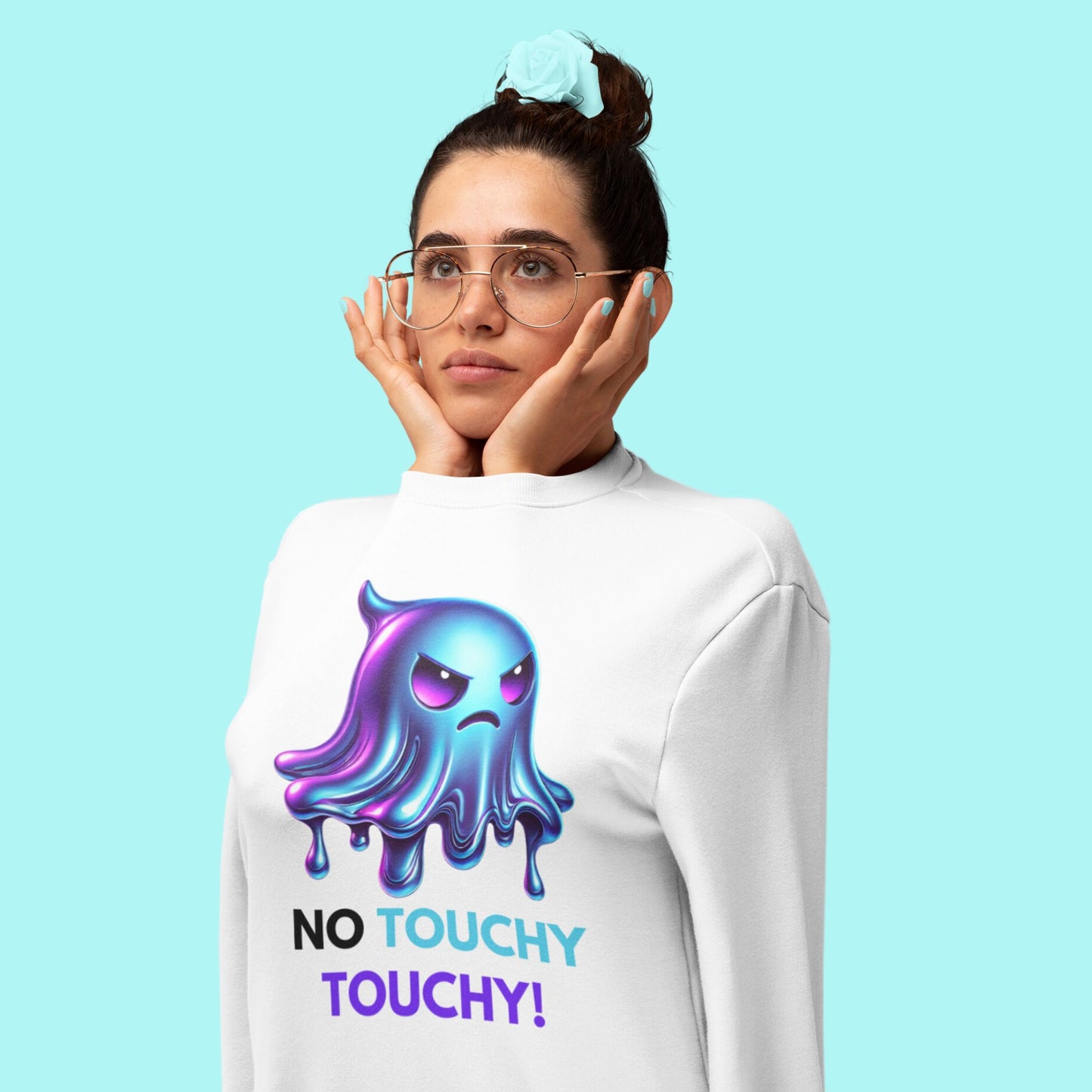 Angry Ghost Sweatshirt in white, made from organic cotton. Model in glasses showcasing front print.