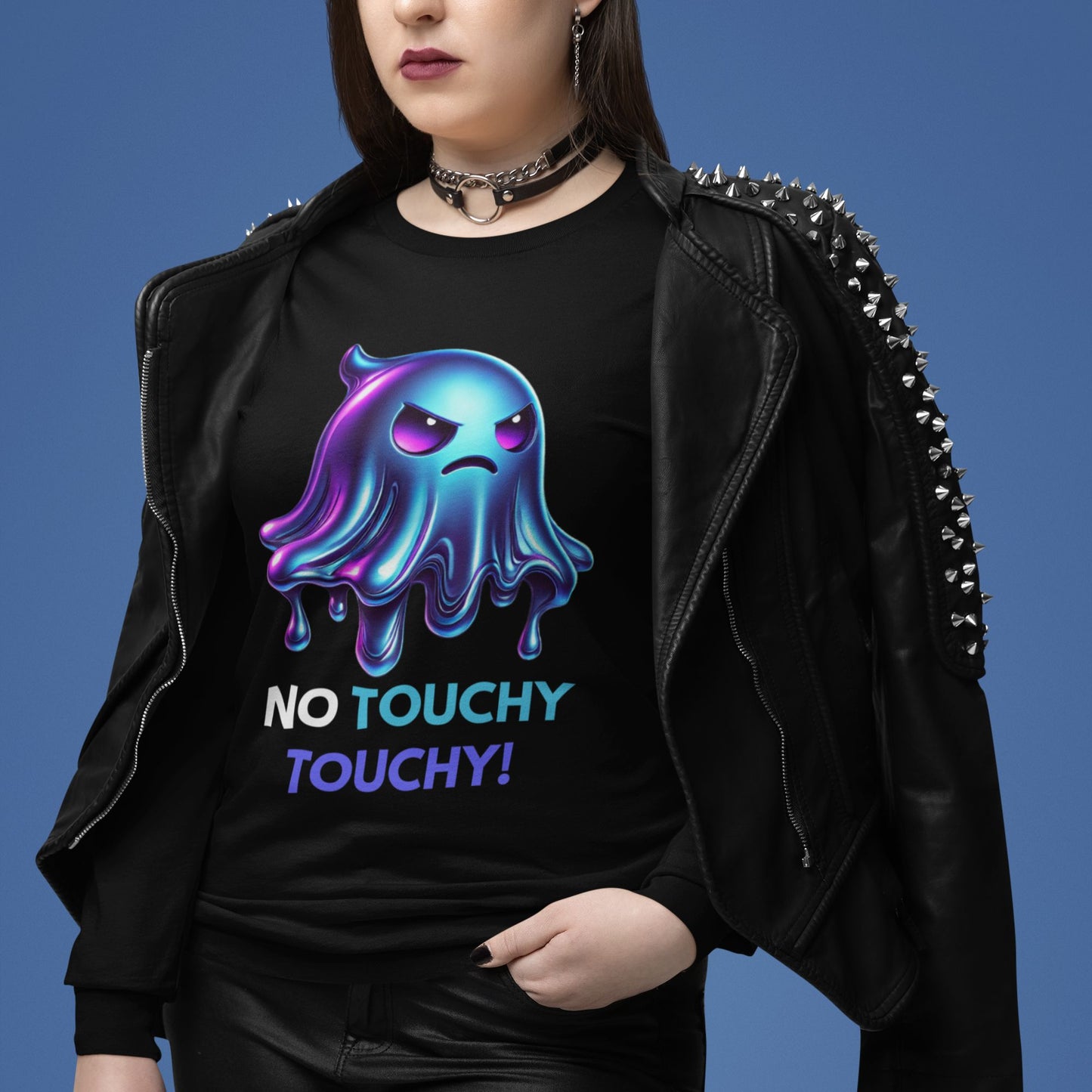 Angry Ghost Sweatshirt in black, made from organic cotton. Model showcasing front view styled with vegan leather jacket.