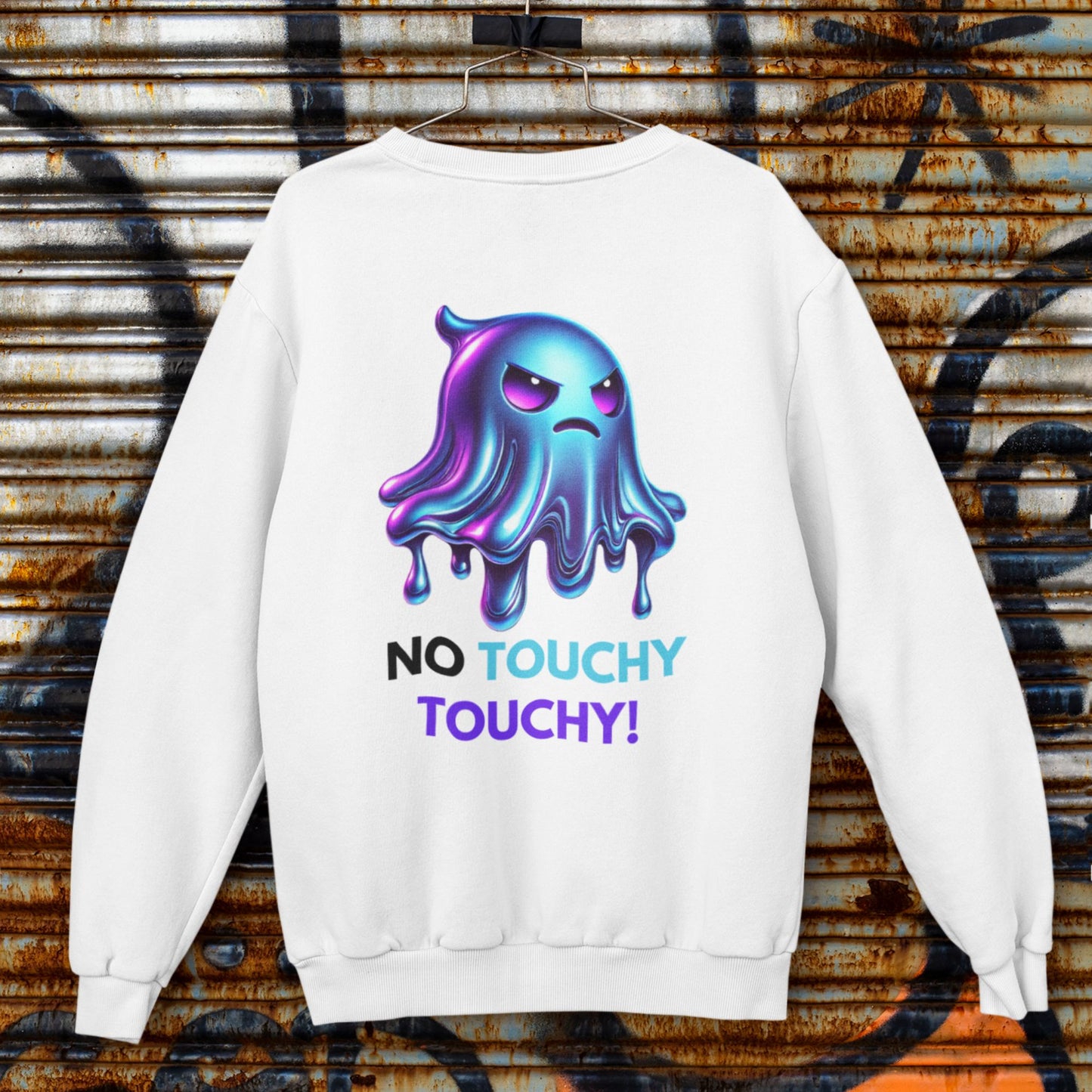Angry Ghost Sweatshirt in white, made from organic cotton. Front view showing print on flat surface.