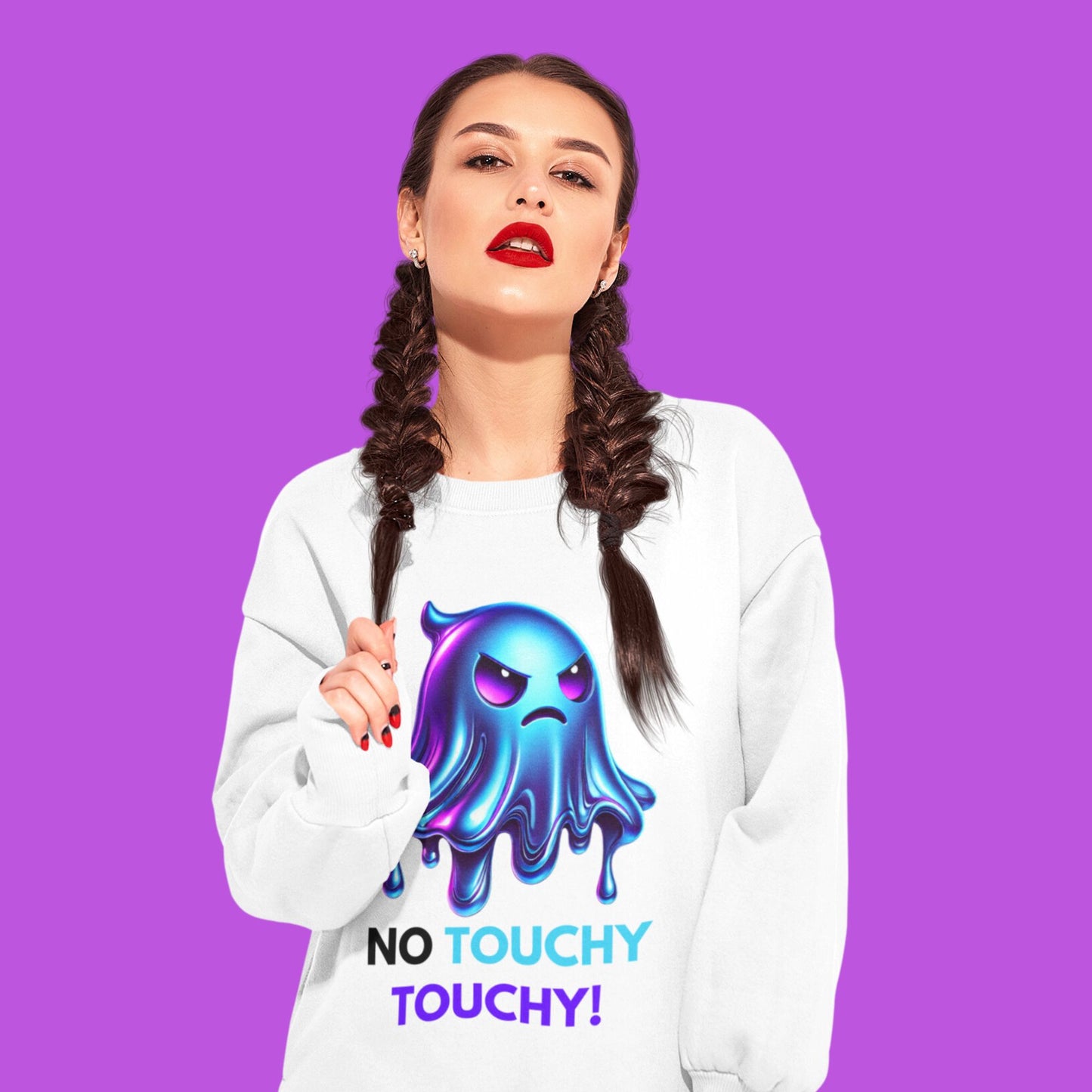 Angry Ghost Sweatshirt in white, made from organic cotton. Model showcasing front view on a purple background.