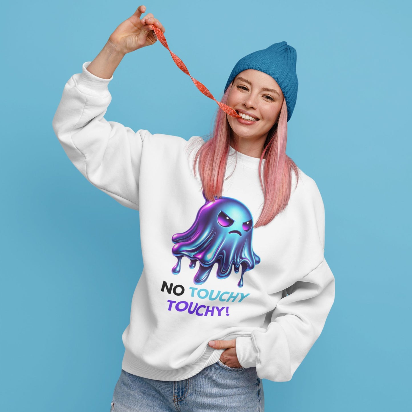Angry Ghost Sweatshirt in white, made from organic cotton. Model showcasing the front view on a blue background.