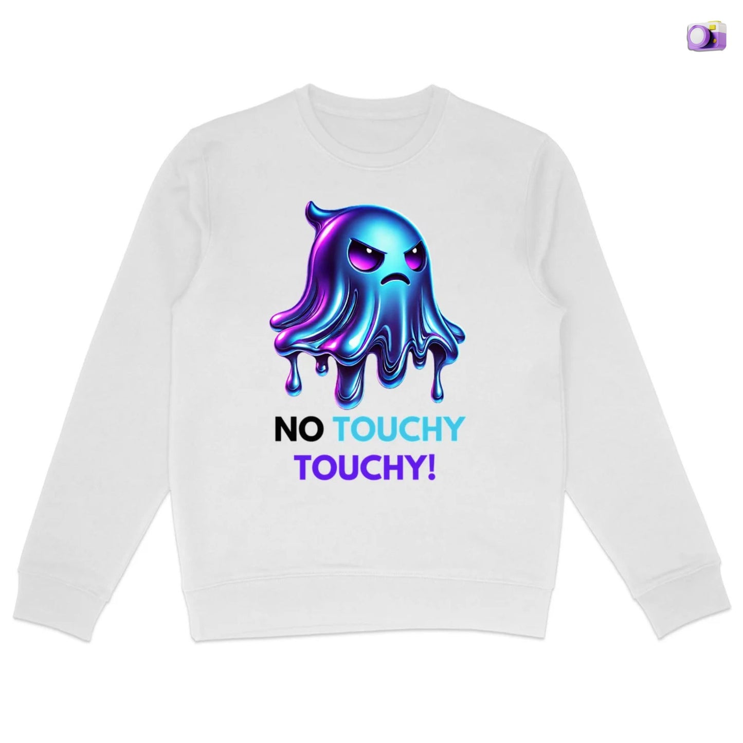 Angry Ghost Sweatshirt in white, made from organic cotton. Front view showing print on a flat surface.