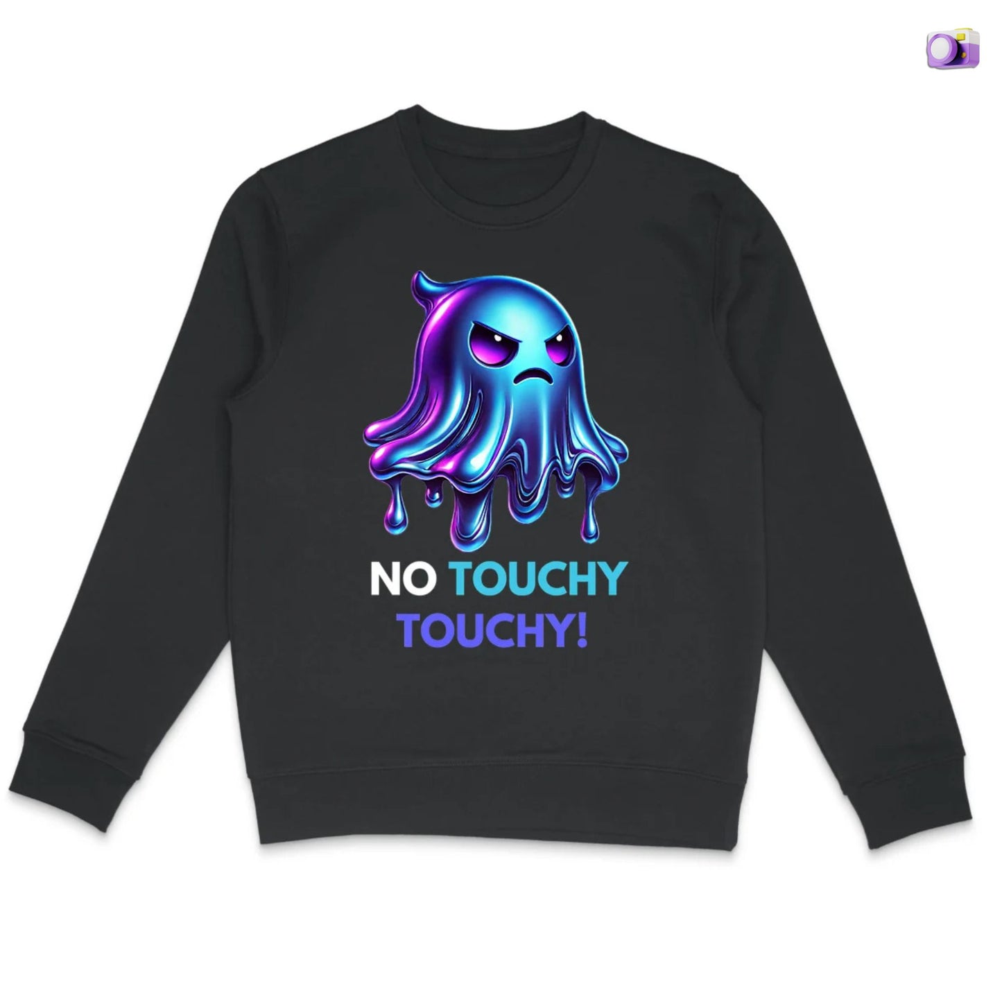 Angry Ghost Sweatshirt in black, made from organic cotton. Front view showing print on a flat surface.