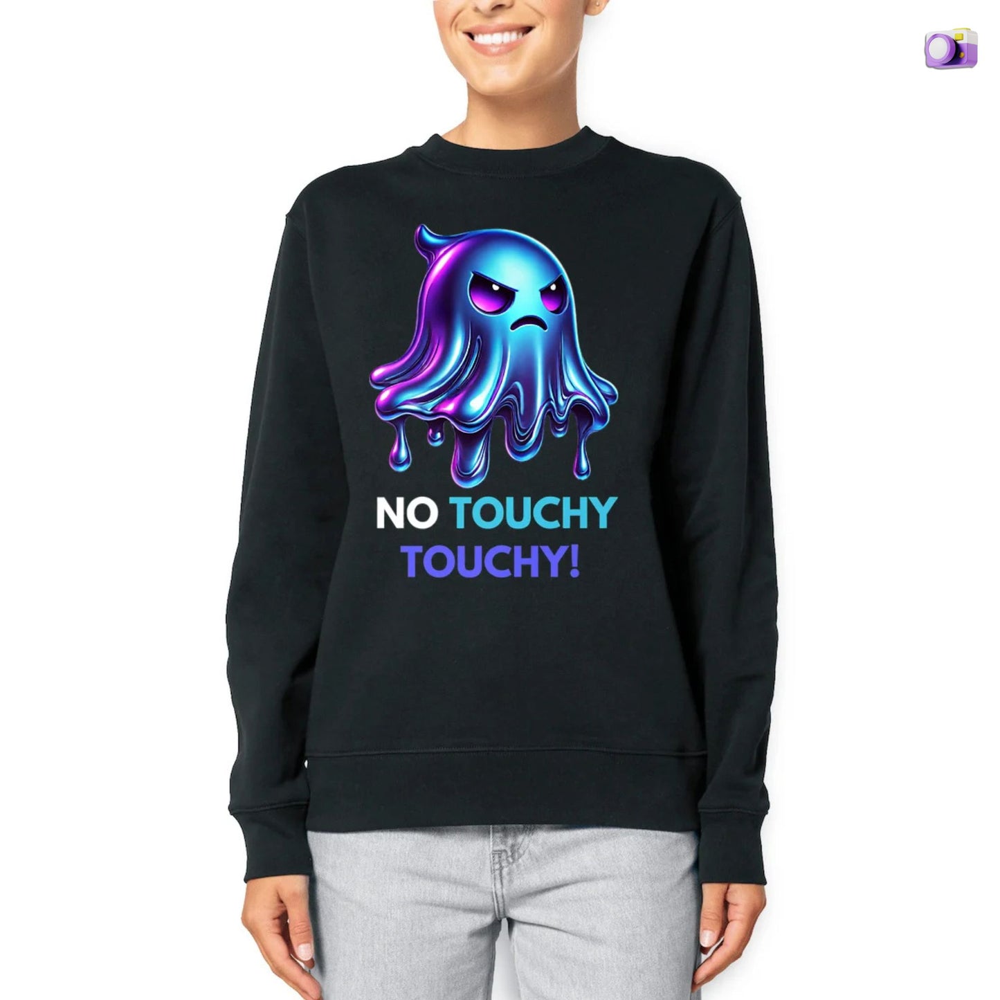 Angry Ghost Sweatshirt in black, made from organic cotton. Front view showing print on a white background.