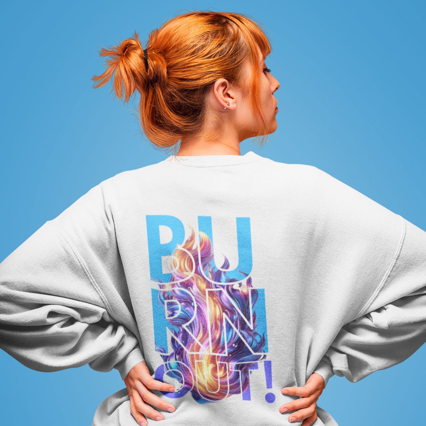 Burnout Sweatshirt in white, made from organic cotton. Back view showing print.