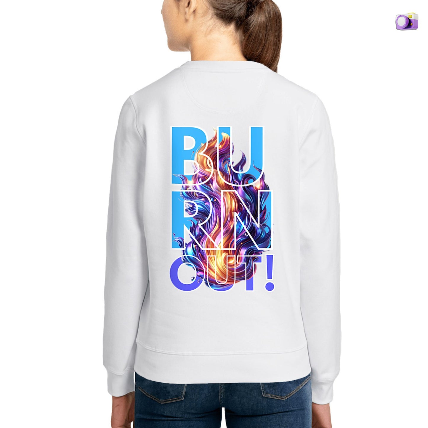 Burnout Sweatshirt in white, made from organic cotton. Back view of model showing print.