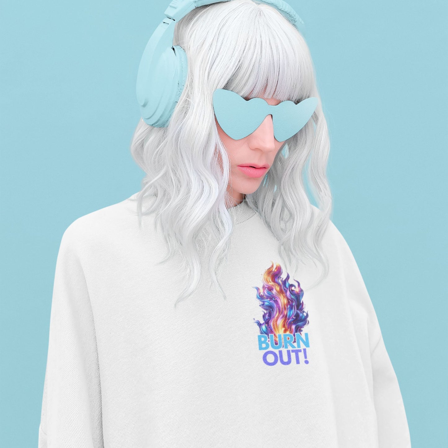 Burnout Sweatshirt in white, made from organic cotton. Model showcasing a front print close up.