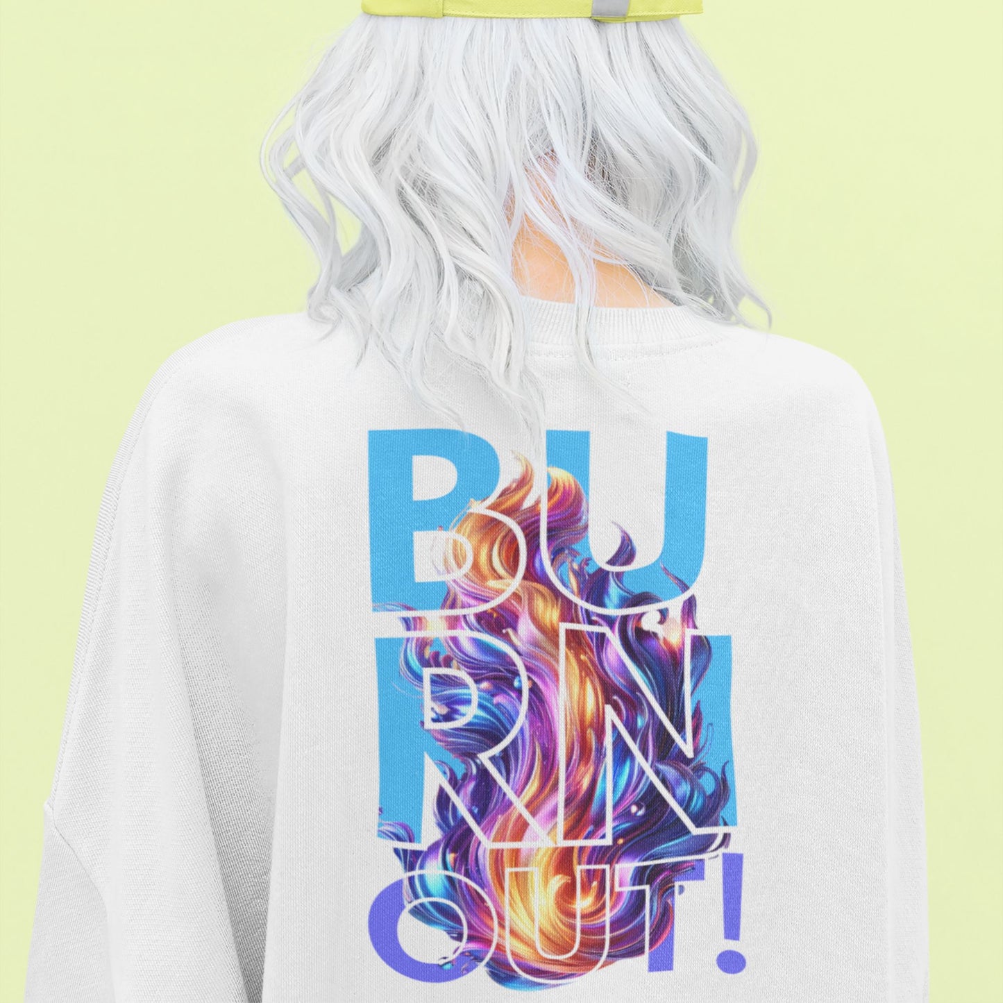 Burnout Sweatshirt in white, made from organic cotton. Back view showing print close up.