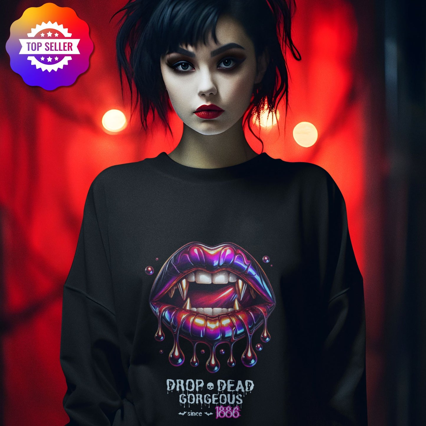 Drop-dead Gorgeous Sweatshirt in black, made from organic cotton. Black haired, female model showcasing the sweatshirt.