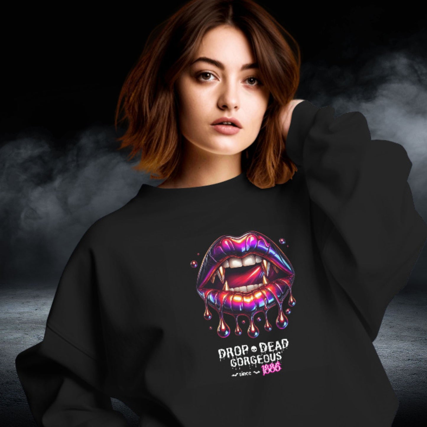 Drop-dead Gorgeous Sweatshirt in black, made from organic cotton. Model showcasing the sweatshirt in front of dark clouds.