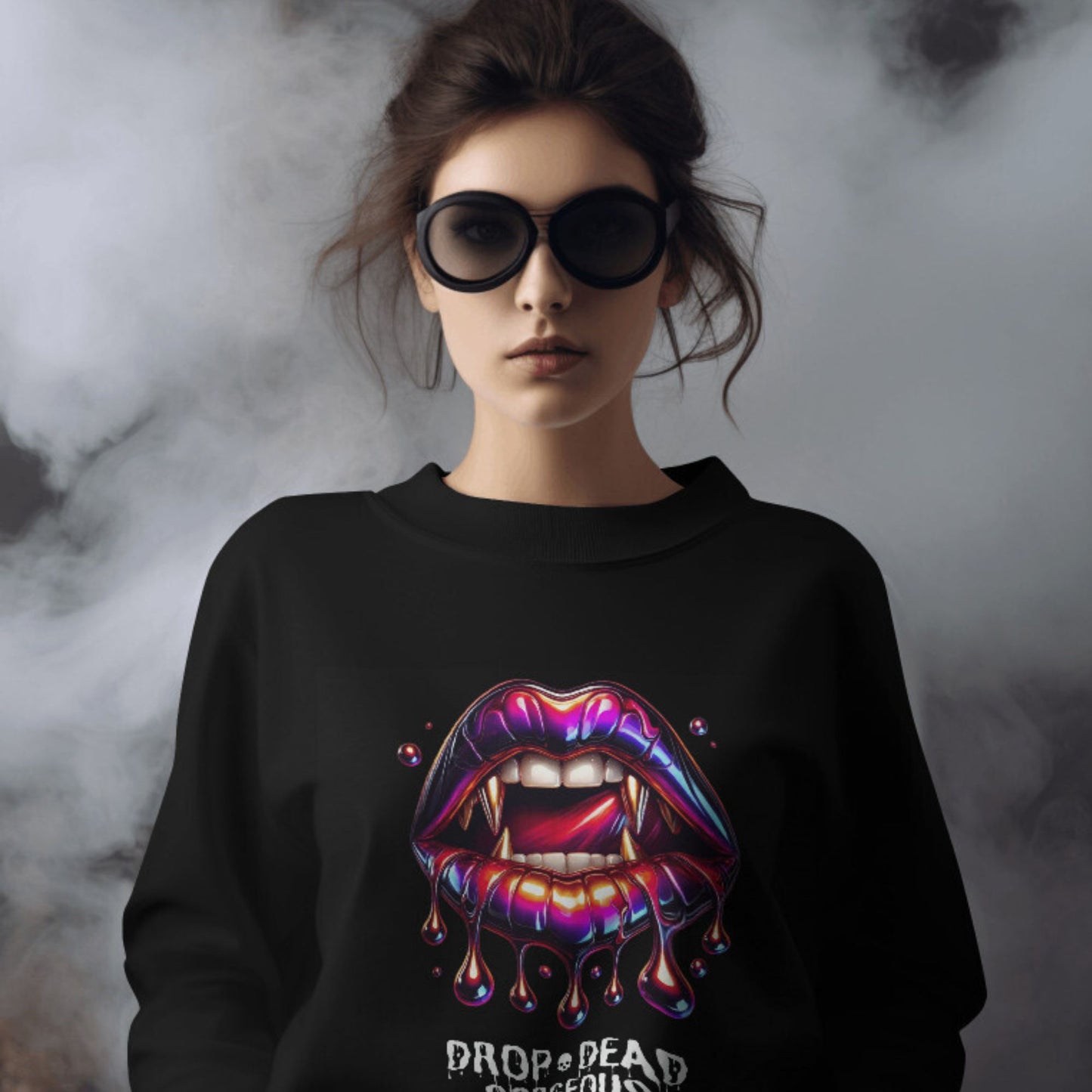 Drop-dead Gorgeous Sweatshirt in black, made from organic cotton. Front view of female model in sunglasses showing the sweatshirt in front of dark clouds.