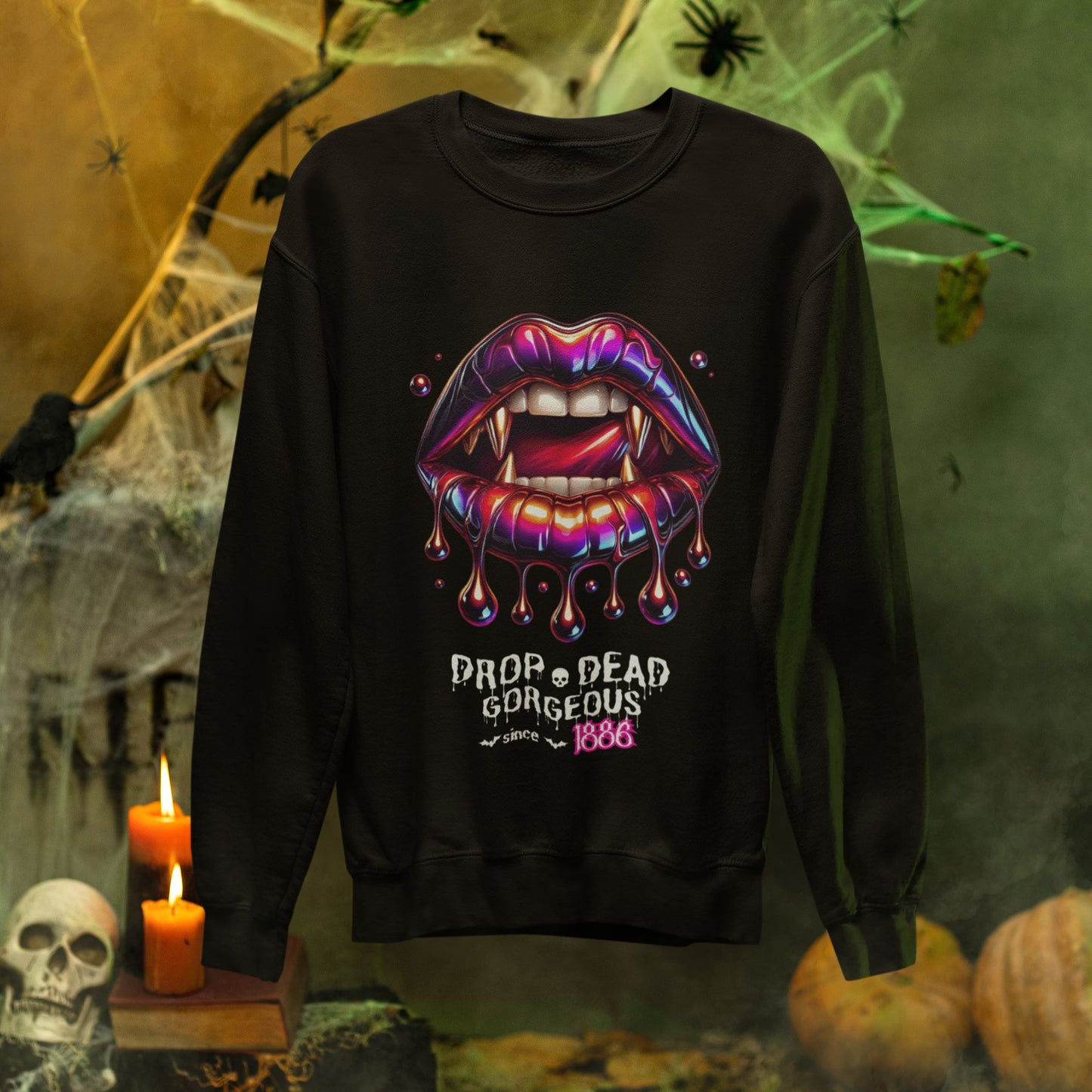 Drop-dead Gorgeous Sweatshirt in black, made from organic cotton. Front view showcased on a flat surface and spooky setting.