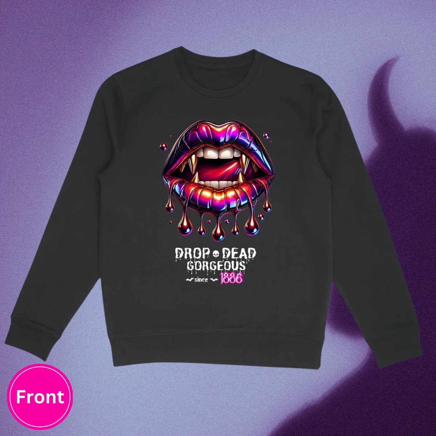 Drop-dead Gorgeous Sweatshirt in black, made from organic cotton. Front view showcased on a flat surface and spooky background.