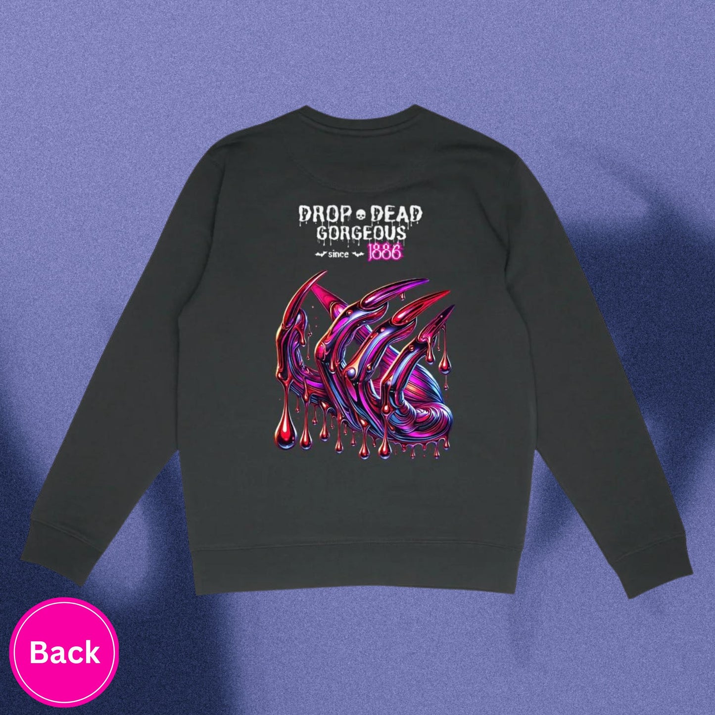 Drop-dead Gorgeous Sweatshirt in black, made from organic cotton. Back view showcased on a flat surface and spooky background.