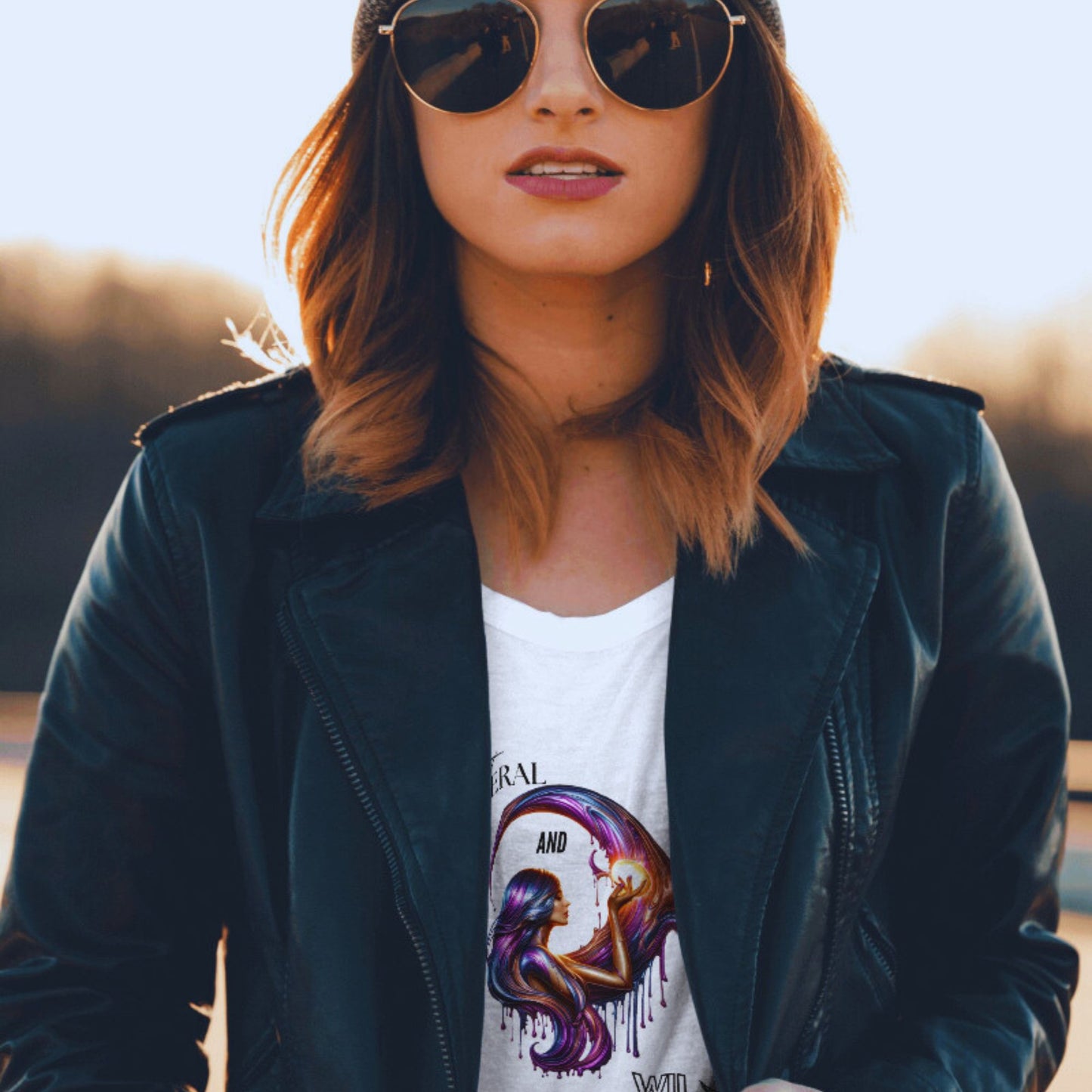 Feral and wild crop top in white, made from organic cotton. Model in sunglasses and a beanie showcases the crop top paired with a vegan leather jacket.