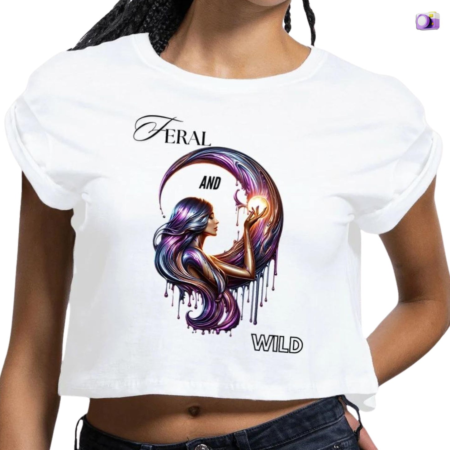Feral and wild crop top in white, made from organic cotton. Front view showcased on a black model.