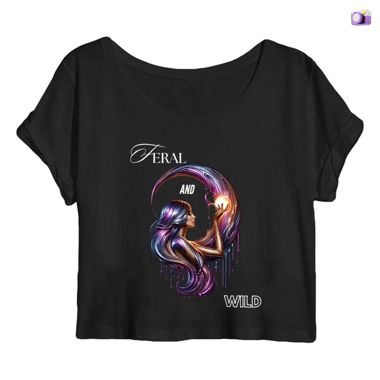 Feral and wild crop top in black, made from organic cotton. Front view showcased on a flat surface and white background.