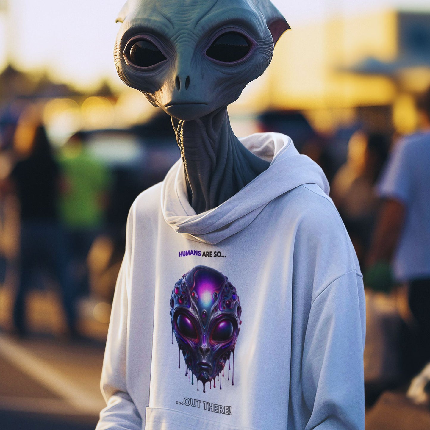 Humans are so out there Alien Hoodie in white, made from organic cotton. Alien showcasing the hoodie in the desert.