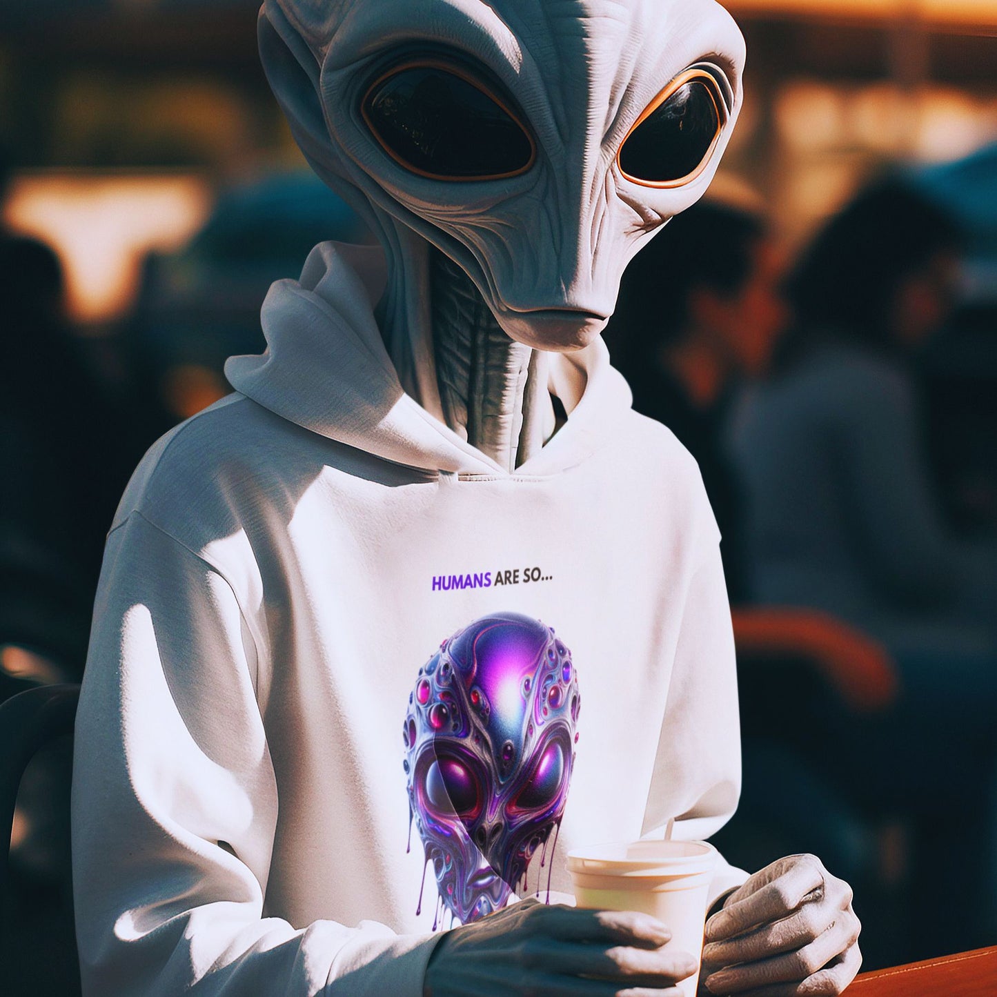 Humans are so out there Alien Hoodie in white, made from organic cotton. Front view of an alien showcasing the hoodie while having a coffee.