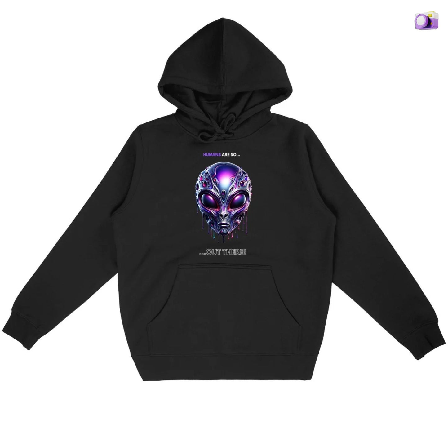 Humans are so out there Alien Hoodie in black, made from organic cotton. Front view showcased on a flat surface and white background.