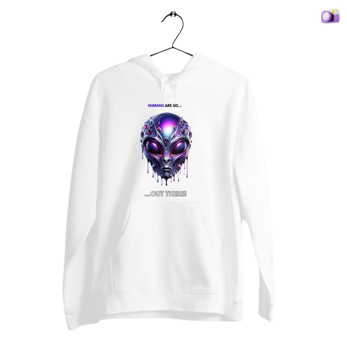 Humans are so out there Alien Hoodie in white, made from organic cotton. Front view showcased on a flat surface and white background.