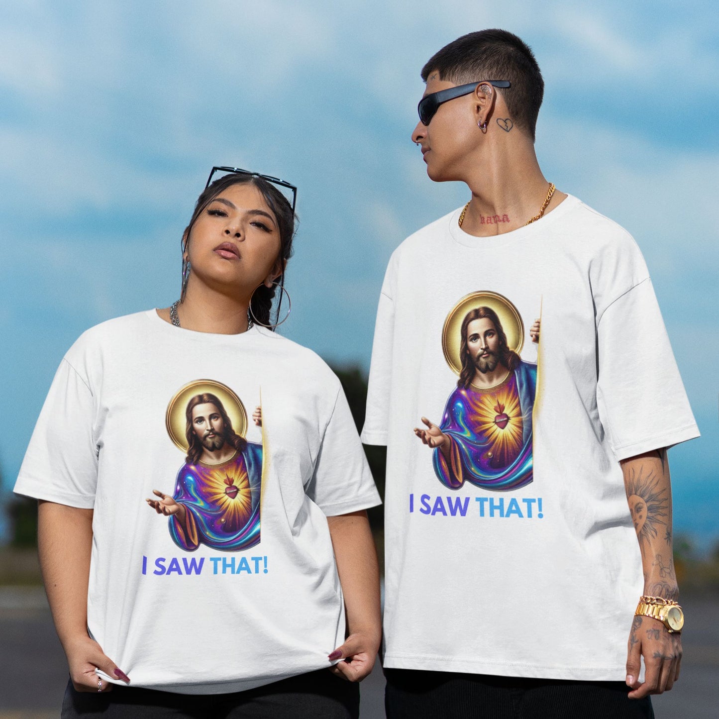 I saw that Jesus Shirt in white, made from organic cotton. Female and male model showcasing shirt in a lifestyle setting.
