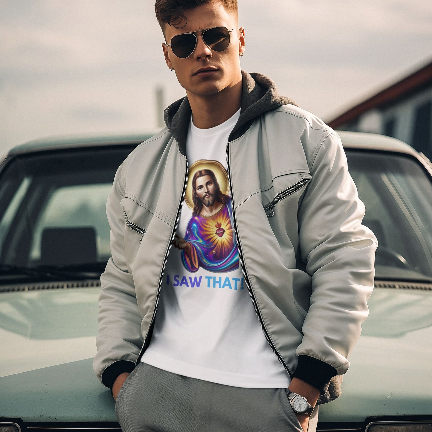 I saw that Jesus Shirt in white, made from organic cotton. Male model showcasing shirt in lifestyle setting.