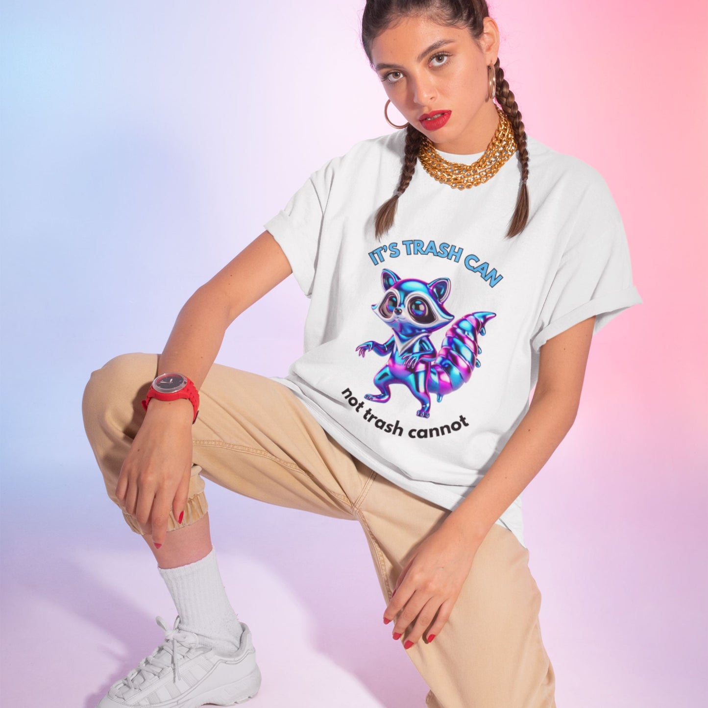 It’s trash can not trash cannot Raccoon Shirt in white, made from organic cotton. Model showing shirt from the front.