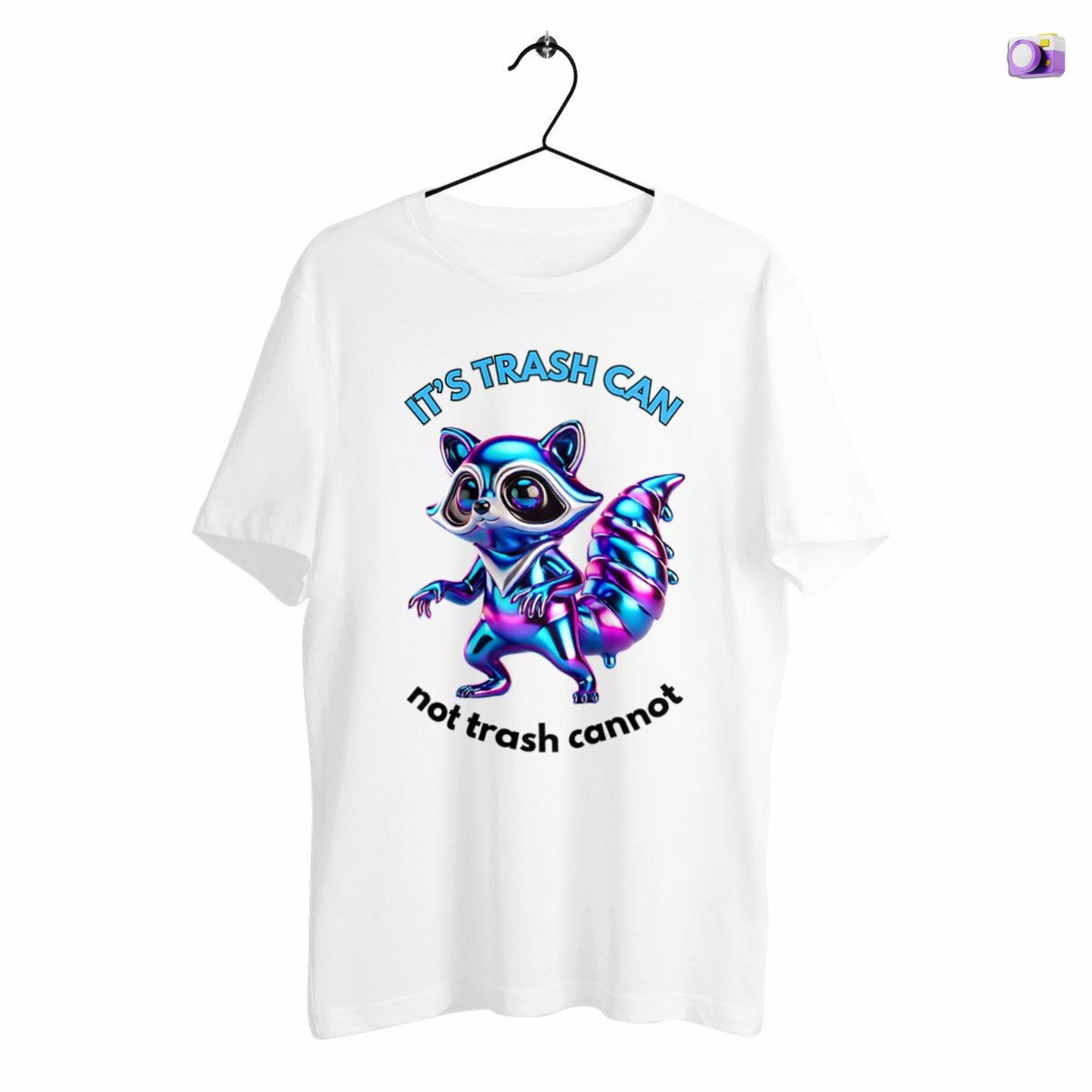 It’s trash can not trash cannot Raccoon Shirt in white, made from organic cotton. Front view showcased on a hanger.
