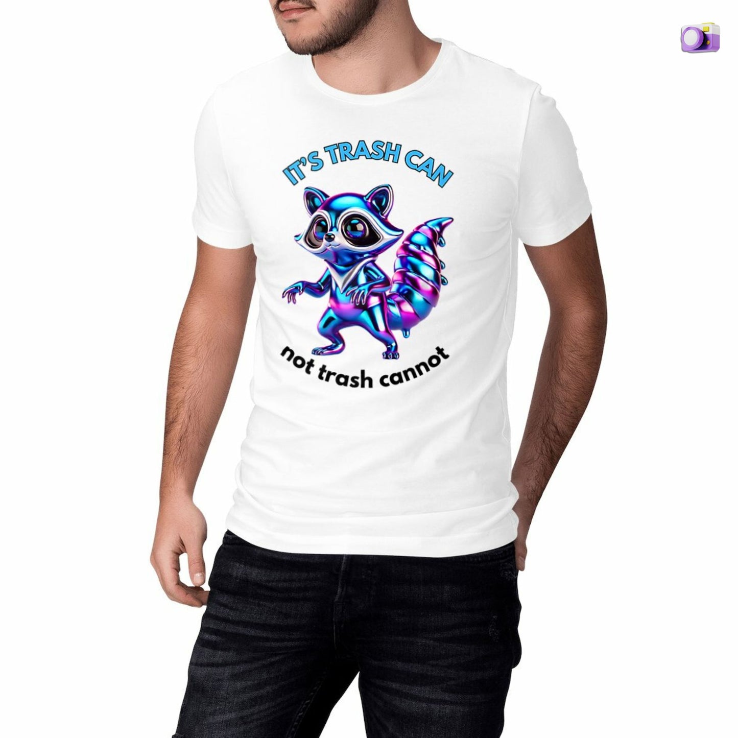 It’s trash can not trash cannot Raccoon Shirt in white, made from organic cotton. Front view showcased by model.