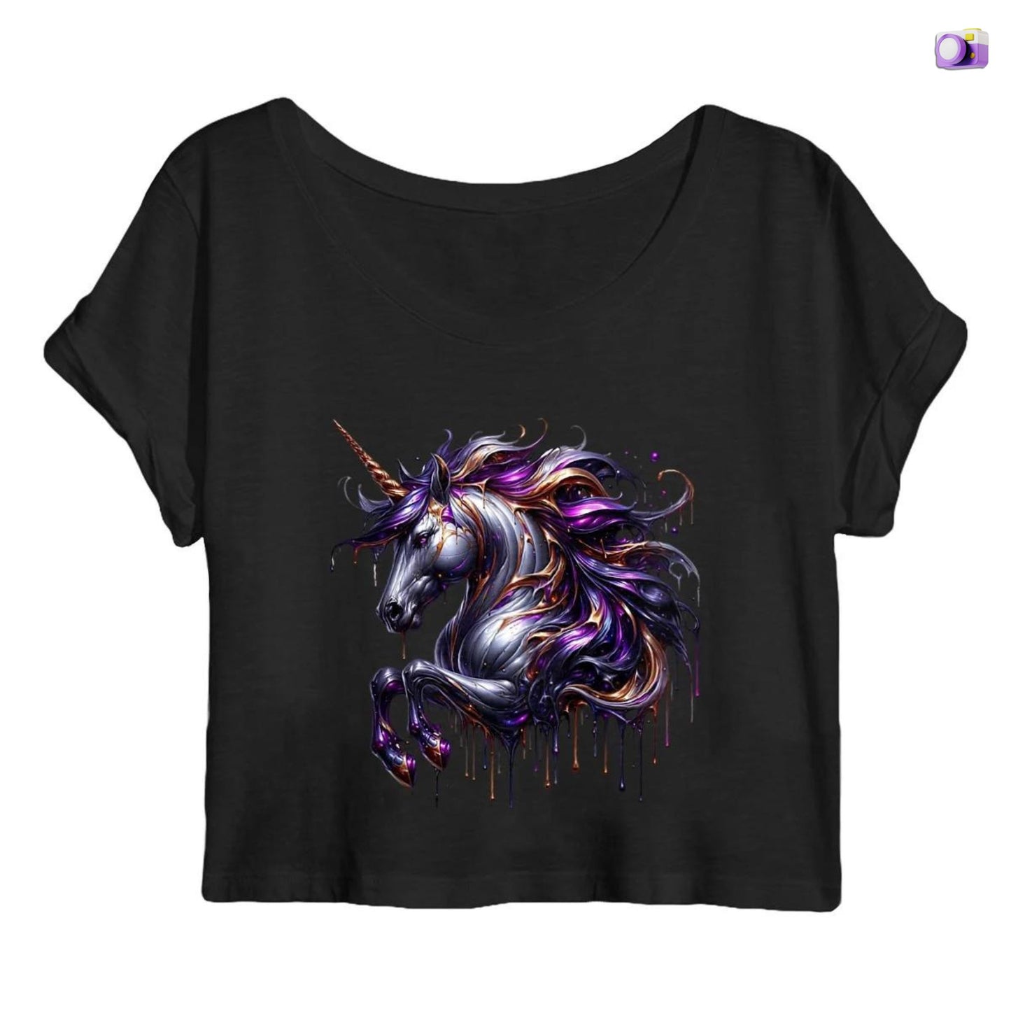 Melting Unicorn crop top in black, made from organic cotton. Front view showcased on a flat surface and white background.