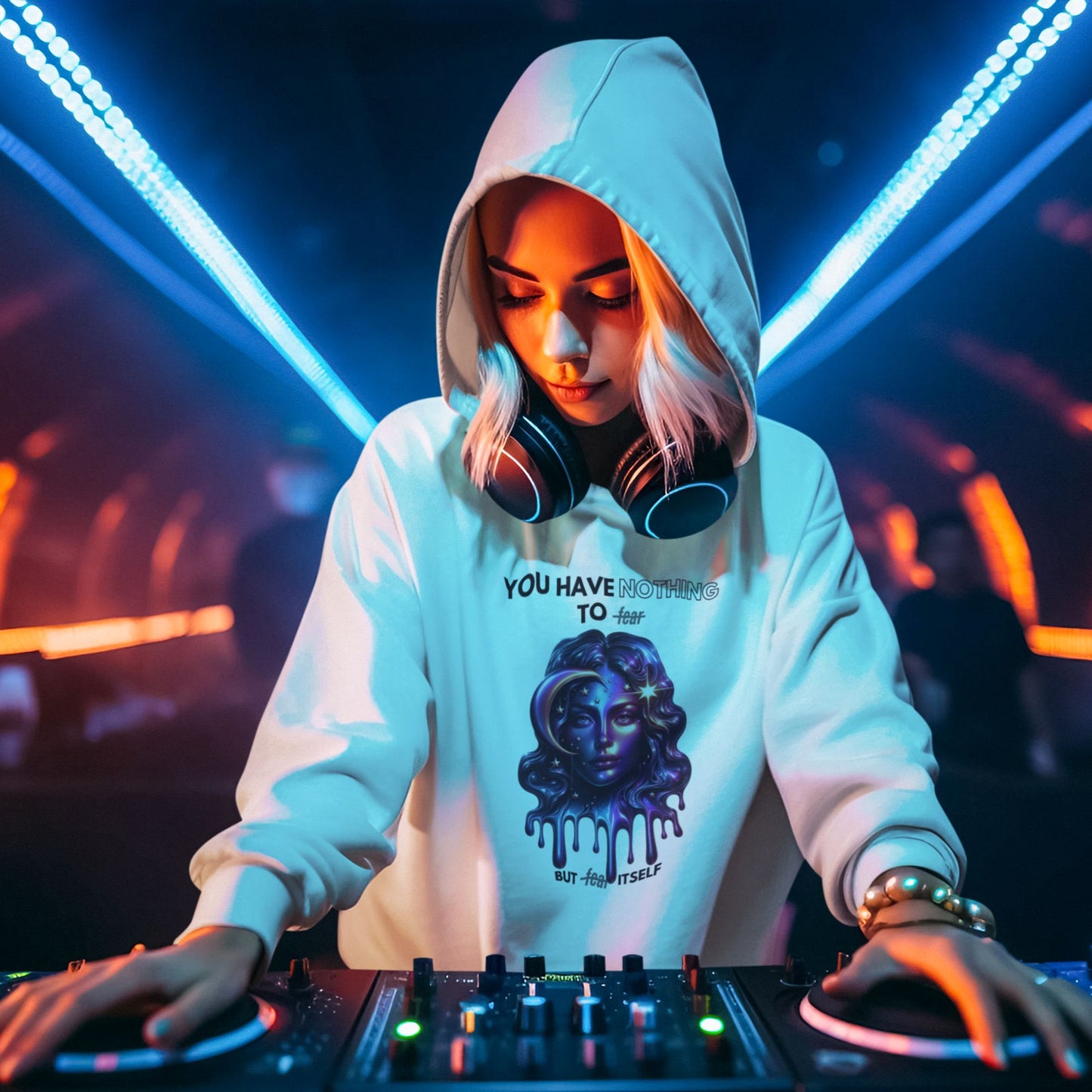 Nothing to fear Hoodie hers in white, made from organic cotton. Female model showcasing front view in a lifestyle setting.