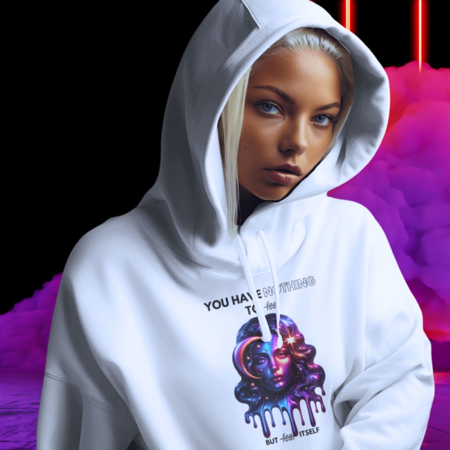 Nothing to fear Hoodie hers in white, made from organic cotton. Blonde model showcasing the hoodie with the hood on.