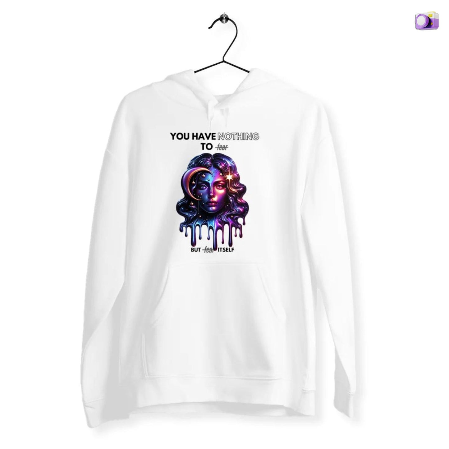 Nothing to fear Hoodie hers in white, made from organic cotton. Front view showcased on a flat surface and white background.