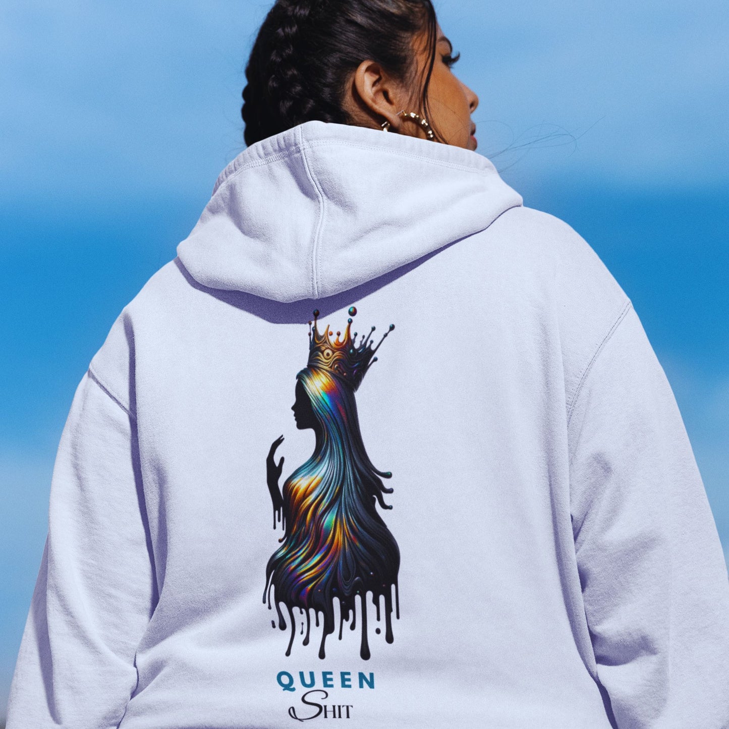 Queen Shit Hoodie in white, made from organic cotton. Model showcasing hoodie from the back in a lifestyle setting.