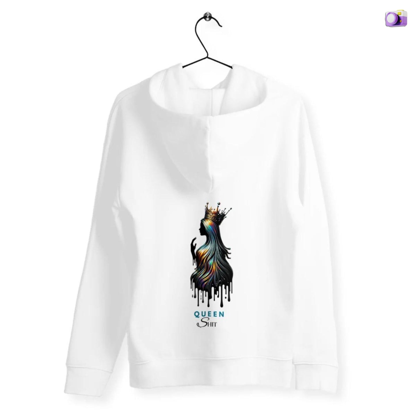 Queen Shit Hoodie in white, made from organic cotton. Back view showcased on a flat surface and white background.