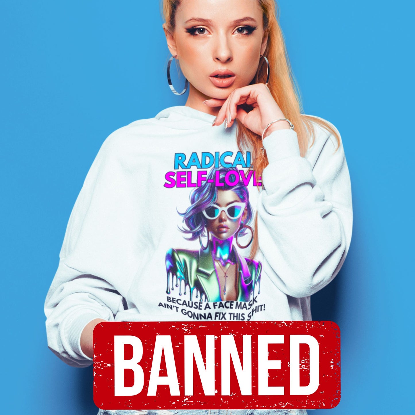 Radical self-love Sweatshirt in white, made from organic cotton. Model showcasing front view on a blue background.