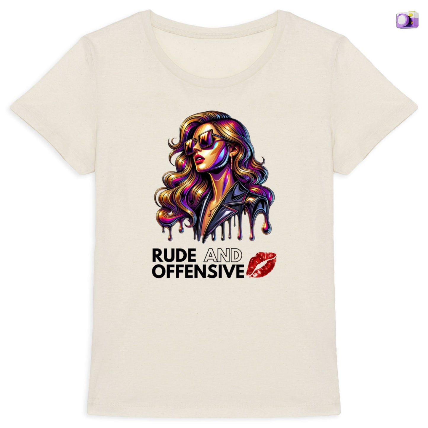 Rude and offensive Shirt in natural, made from organic cotton. Front view on a flat surface.