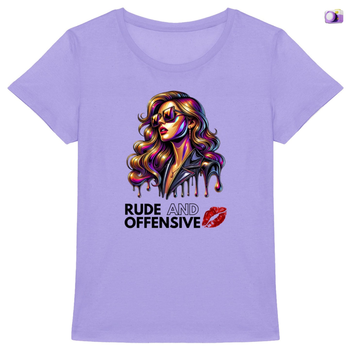 Rude and offensive Shirt in purple, made from organic cotton. Front view on a flat surface.
