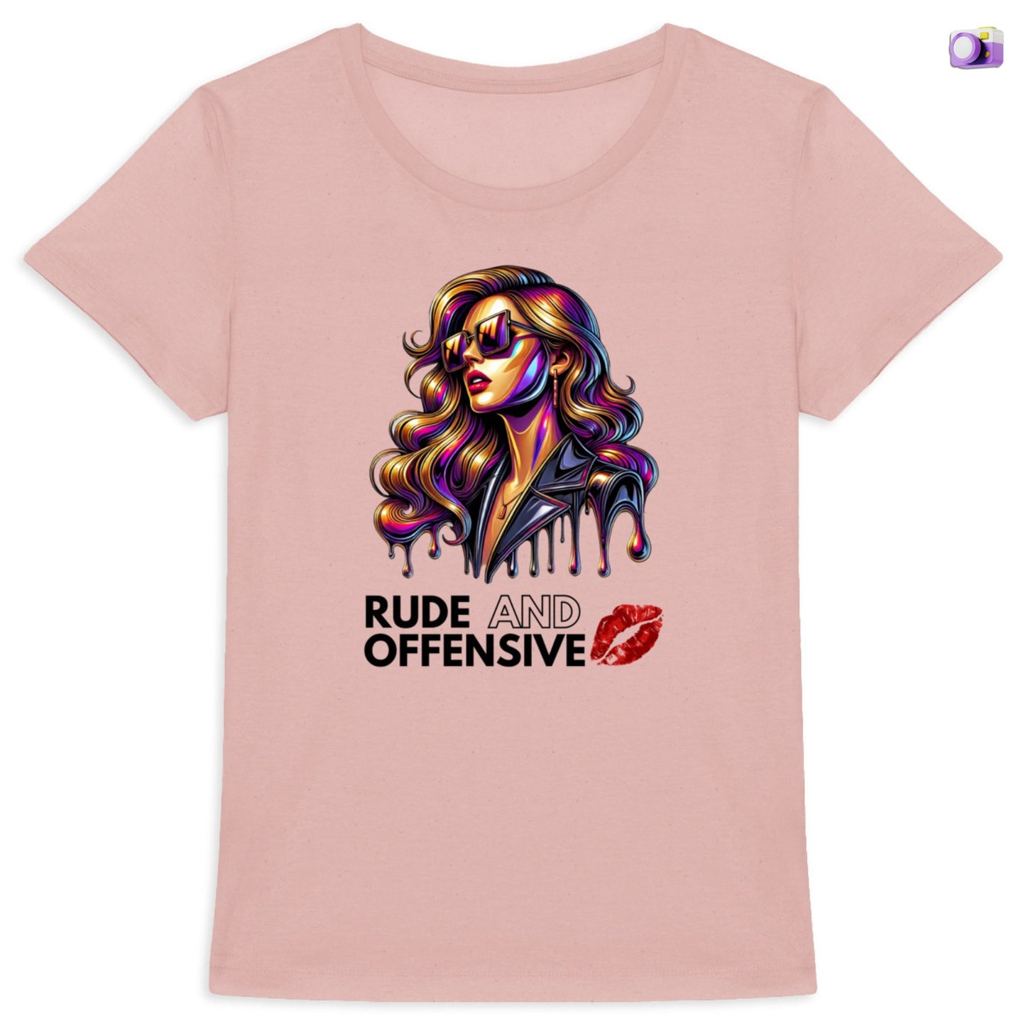 Rude and offensive Shirt in pink, made from organic cotton. Front view on a flat surface.