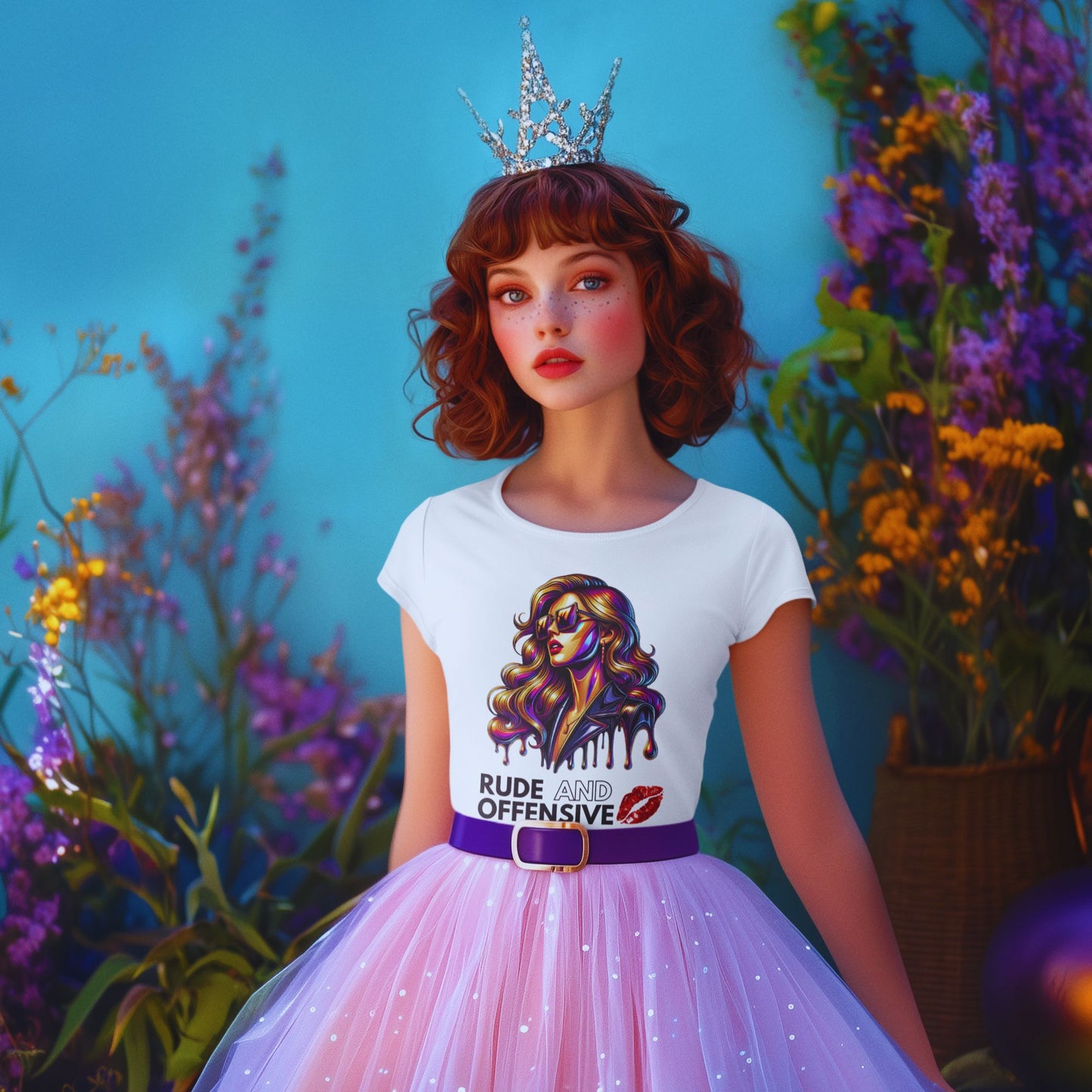 Rude and offensive Shirt in white, made from organic cotton. Princess model showcasing front in phantasy setting.