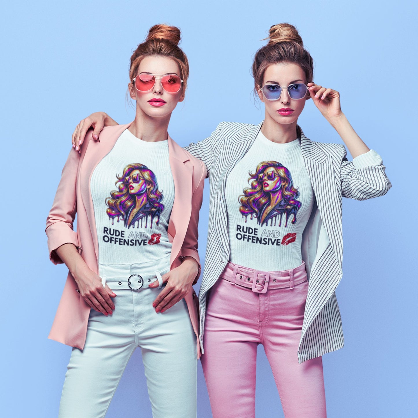 Rude and offensive Shirt in white, made from organic cotton. Two female models showcasing front view.