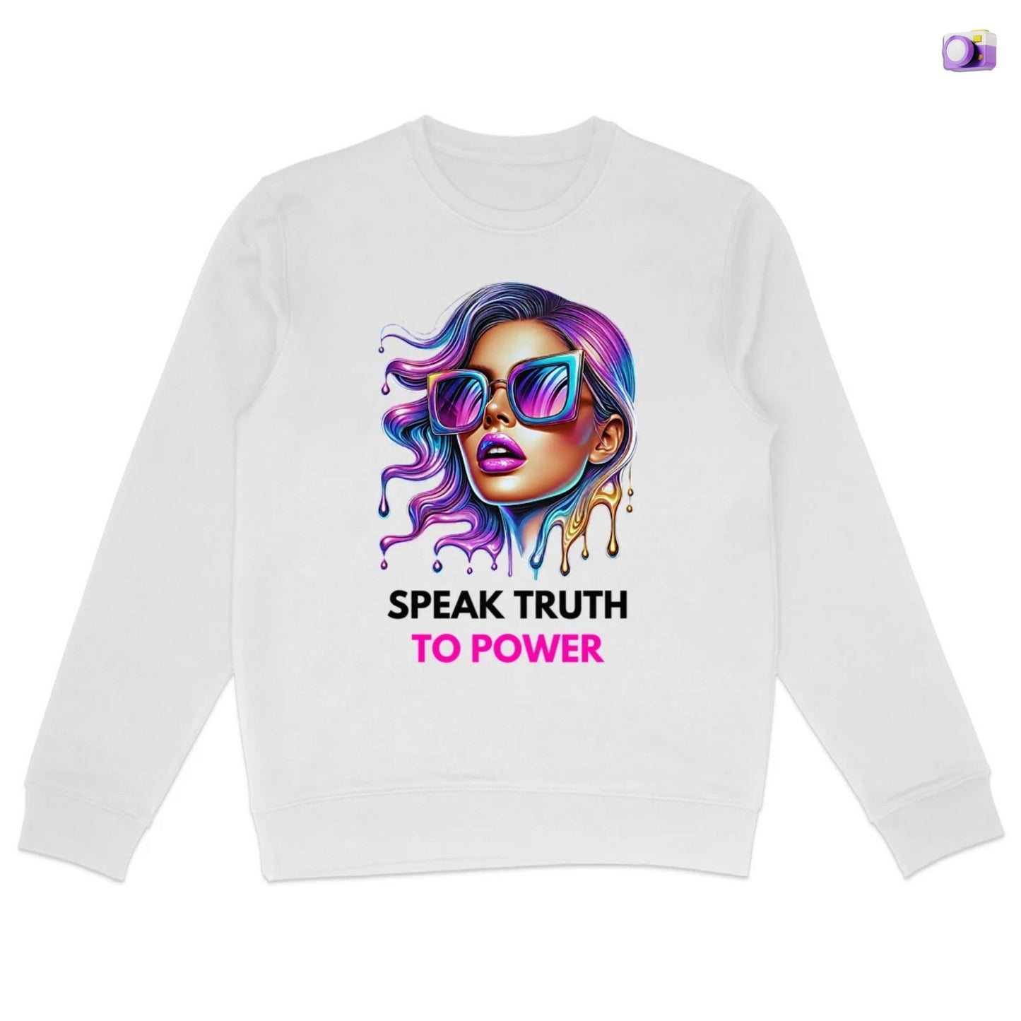 Speak Truth to Power hers Sweatshirt in white, made from organic cotton. Front view showing print on a flat surface.
