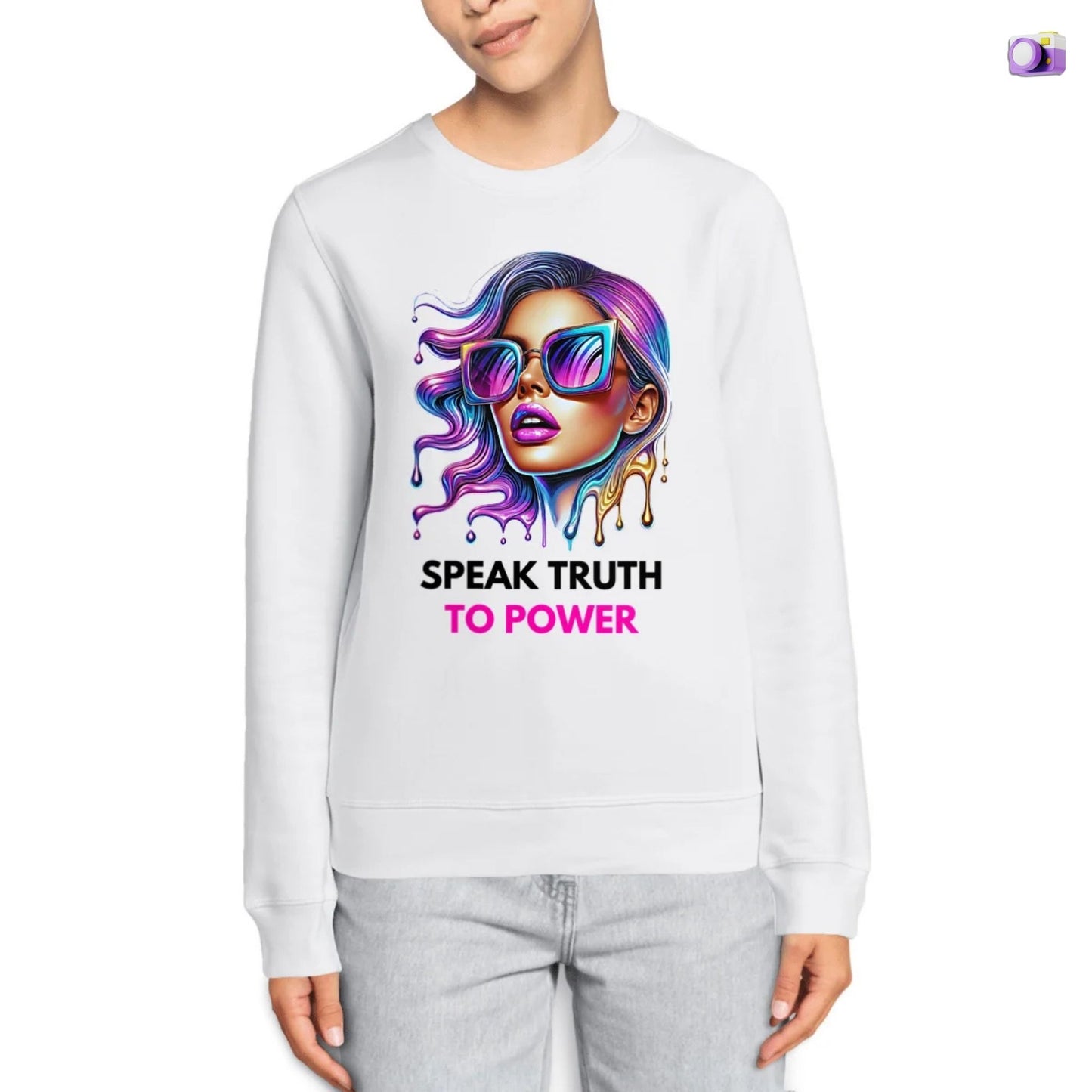 Speak Truth to Power hers Sweatshirt in white, made from organic cotton. Front view of a female model showing the print.