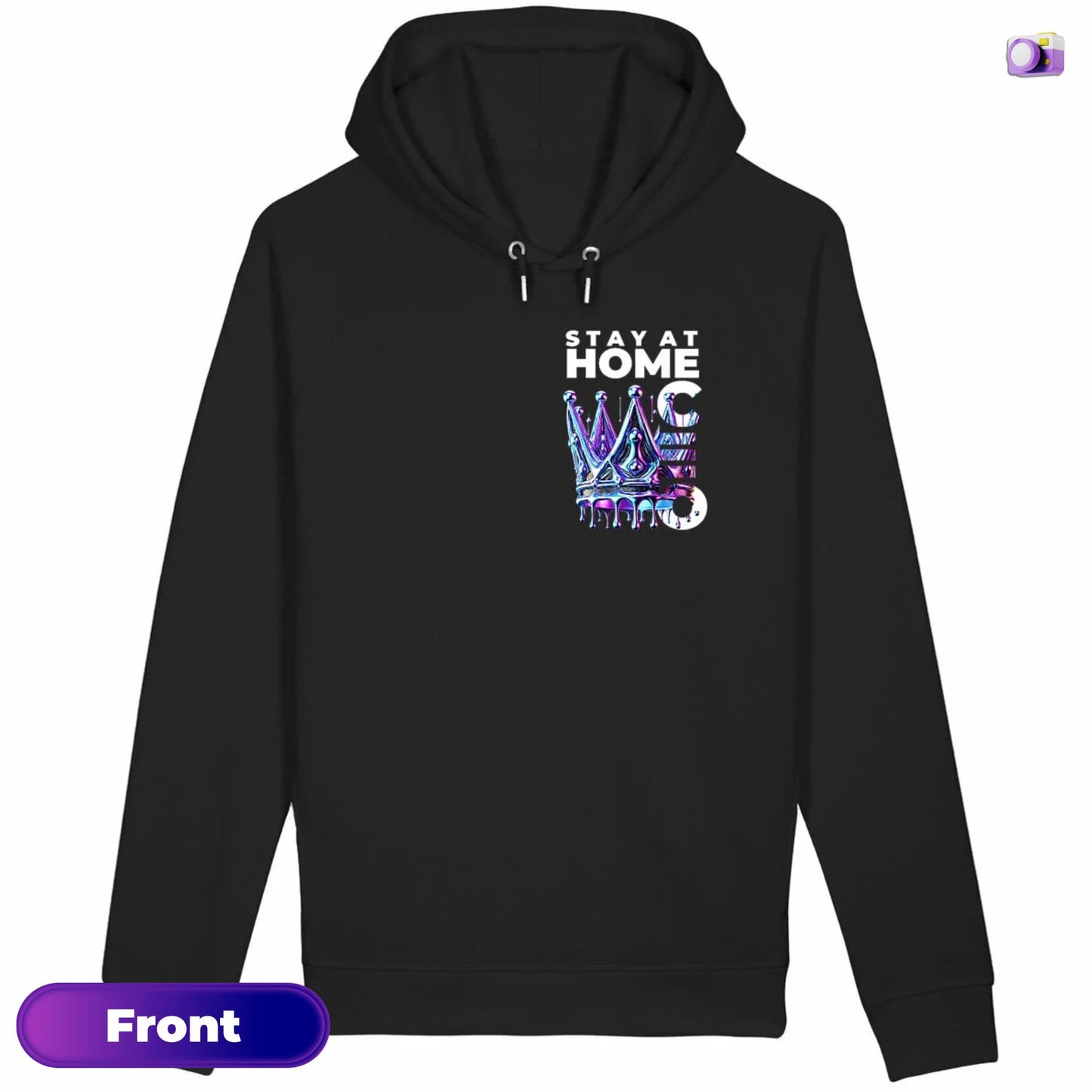 Stay at Home CEO Hoodie in black, made from organic cotton. Front view showing print on a flat surface.