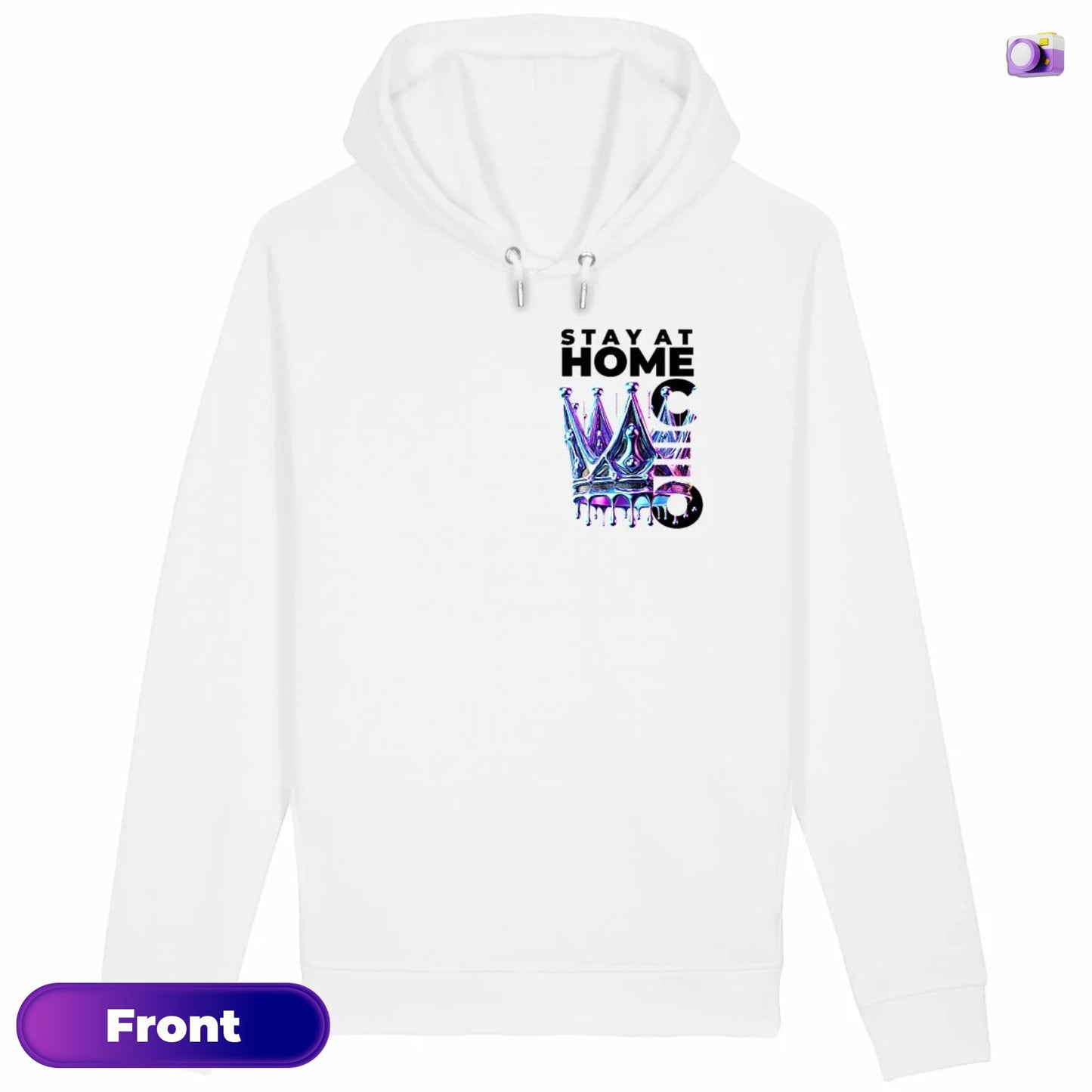 Stay at Home CEO Hoodie in white, made from organic cotton. Front view showing print on a flat surface.