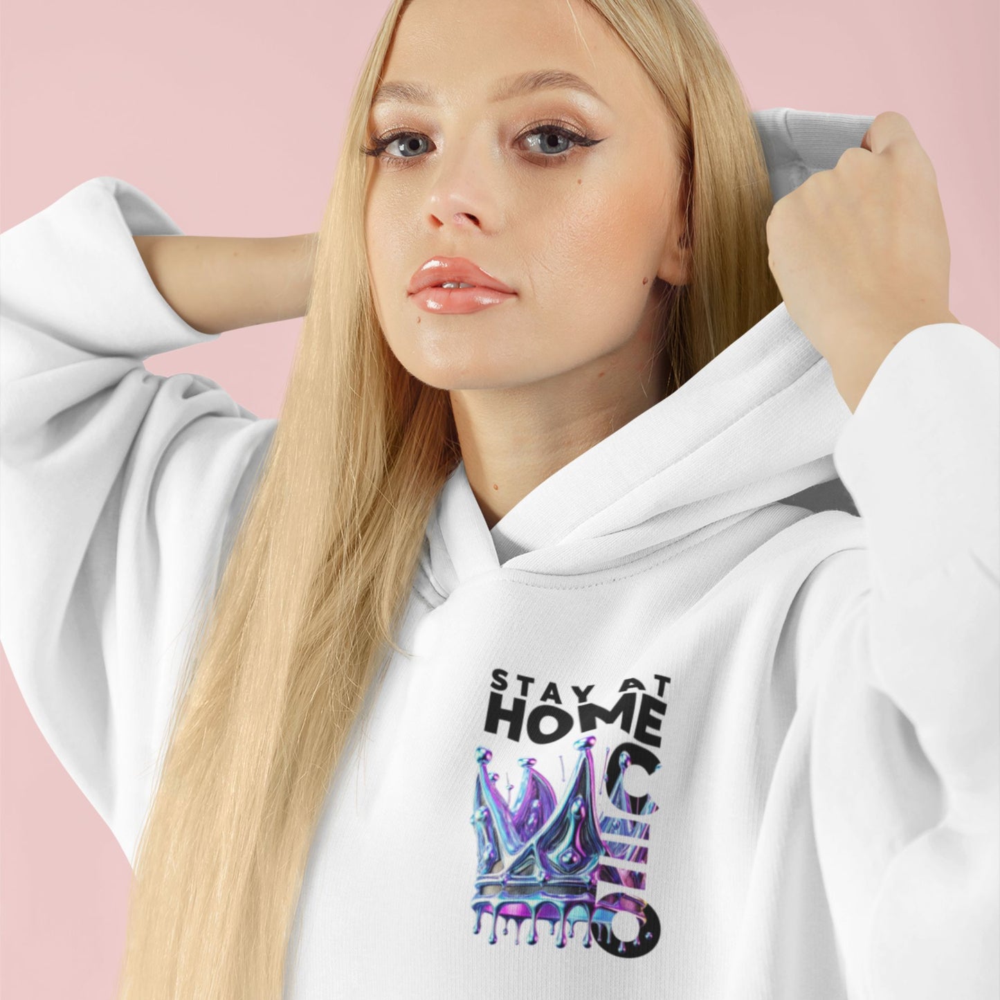 Stay at Home CEO Hoodie in white, made from organic cotton. Model showcasing a close up of the front view.