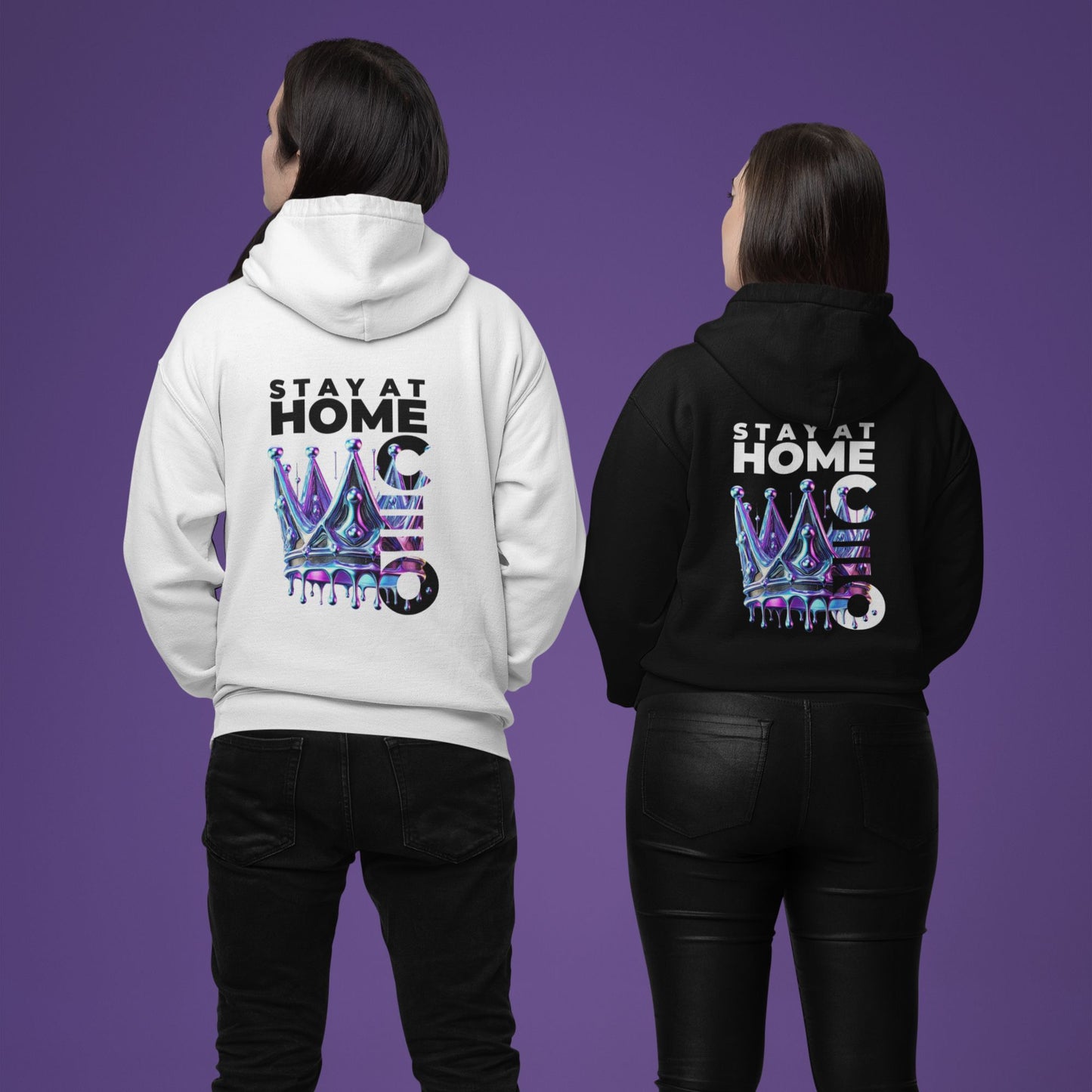 Stay at Home CEO Hoodie in black and white, made from organic cotton. Two models showcasing the back view.