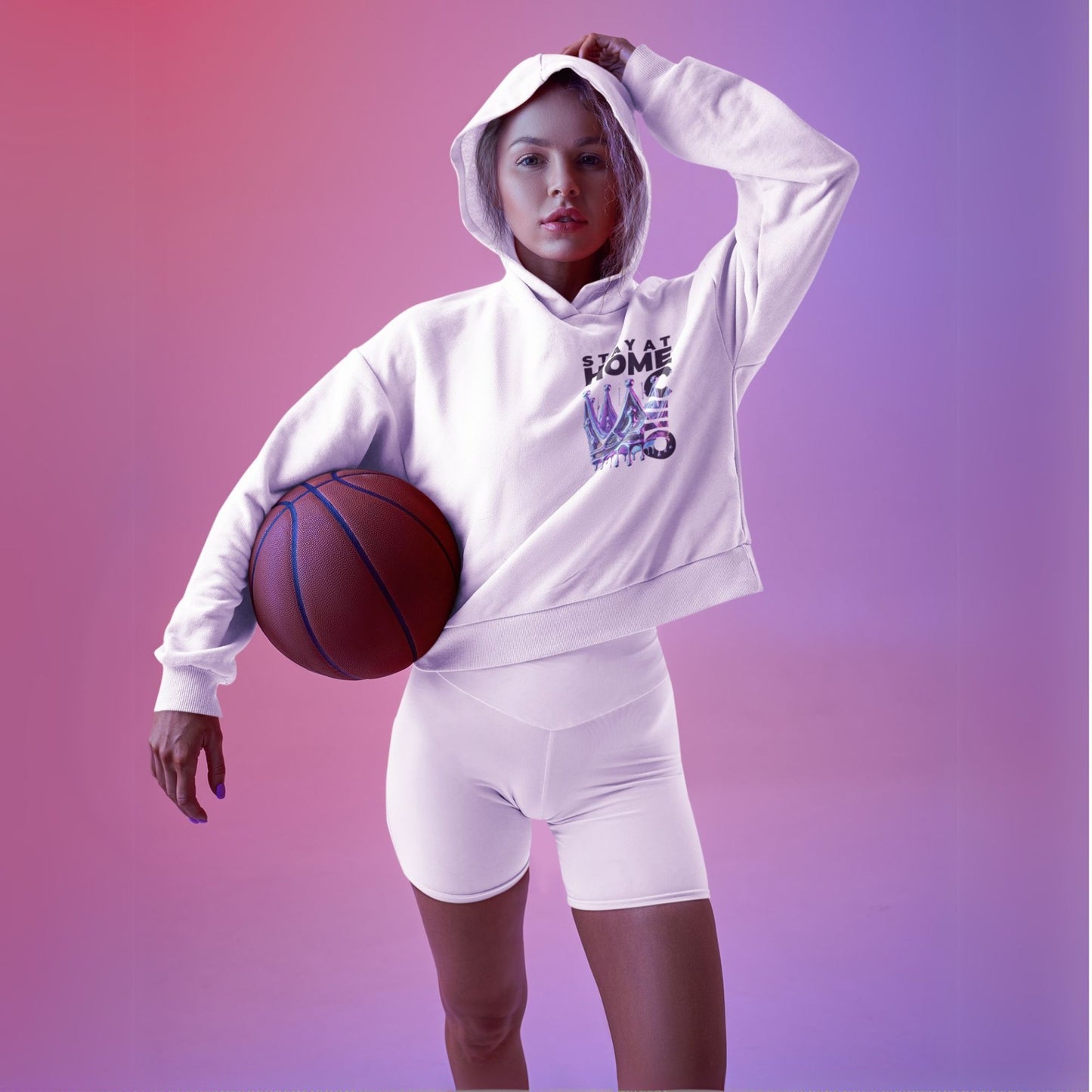 Stay at Home CEO Hoodie in white, made from organic cotton. Blonde female model showcasing front view print.
