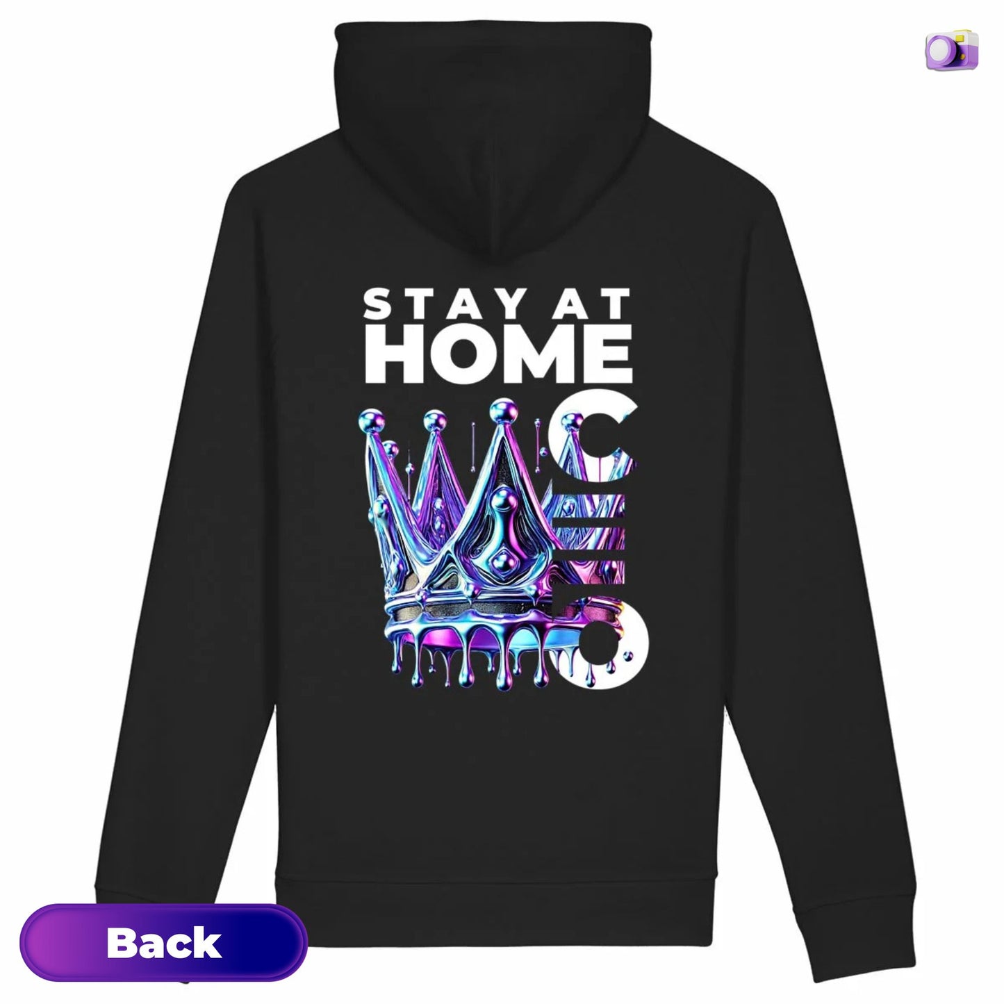 Stay at Home CEO Hoodie in black, made from organic cotton. Back view showing print on a flat surface.